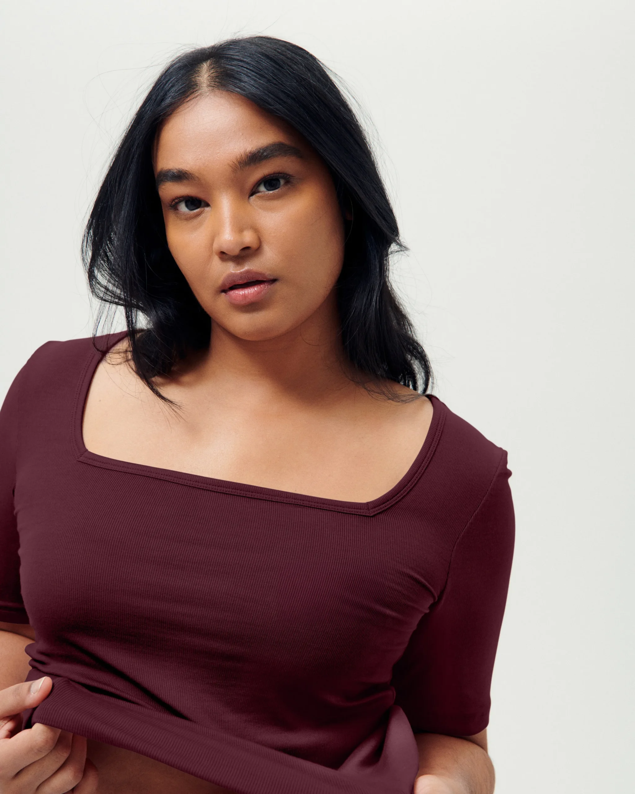 Cloud Rib Short Sleeve Square Neck Tee Black Cherry