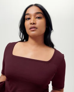 Cloud Rib Short Sleeve Square Neck Tee Black Cherry
