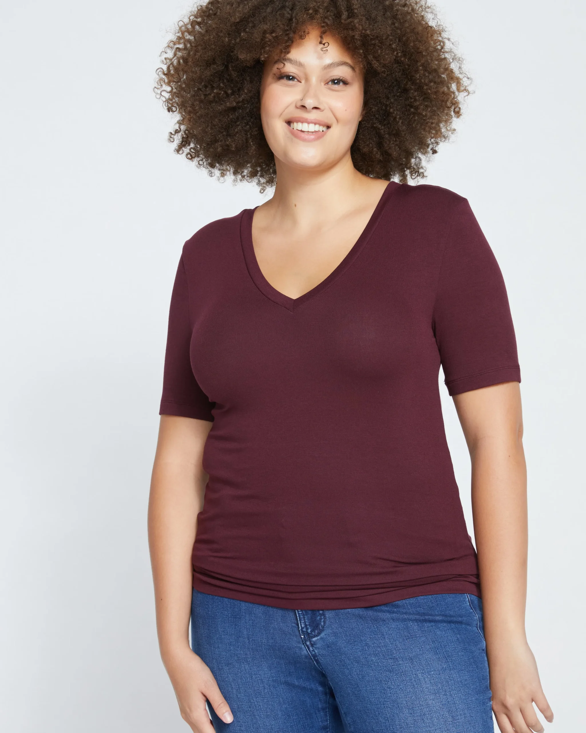 Cloud Rib Short Sleeve V-Neck Tee Black Cherry