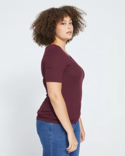 Cloud Rib Short Sleeve V-Neck Tee Black Cherry