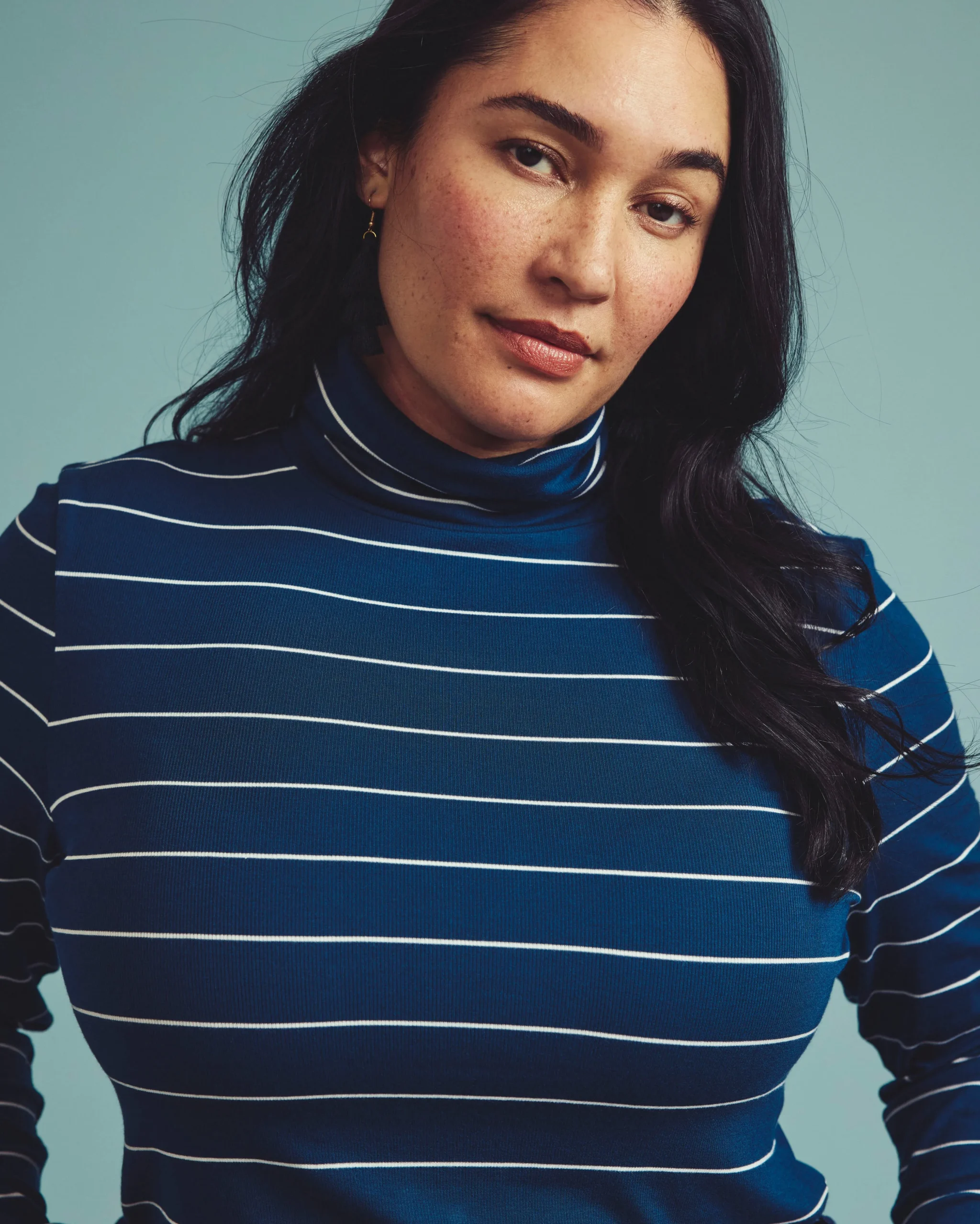 Cloud Rib Turtleneck Teal/White Microstripe