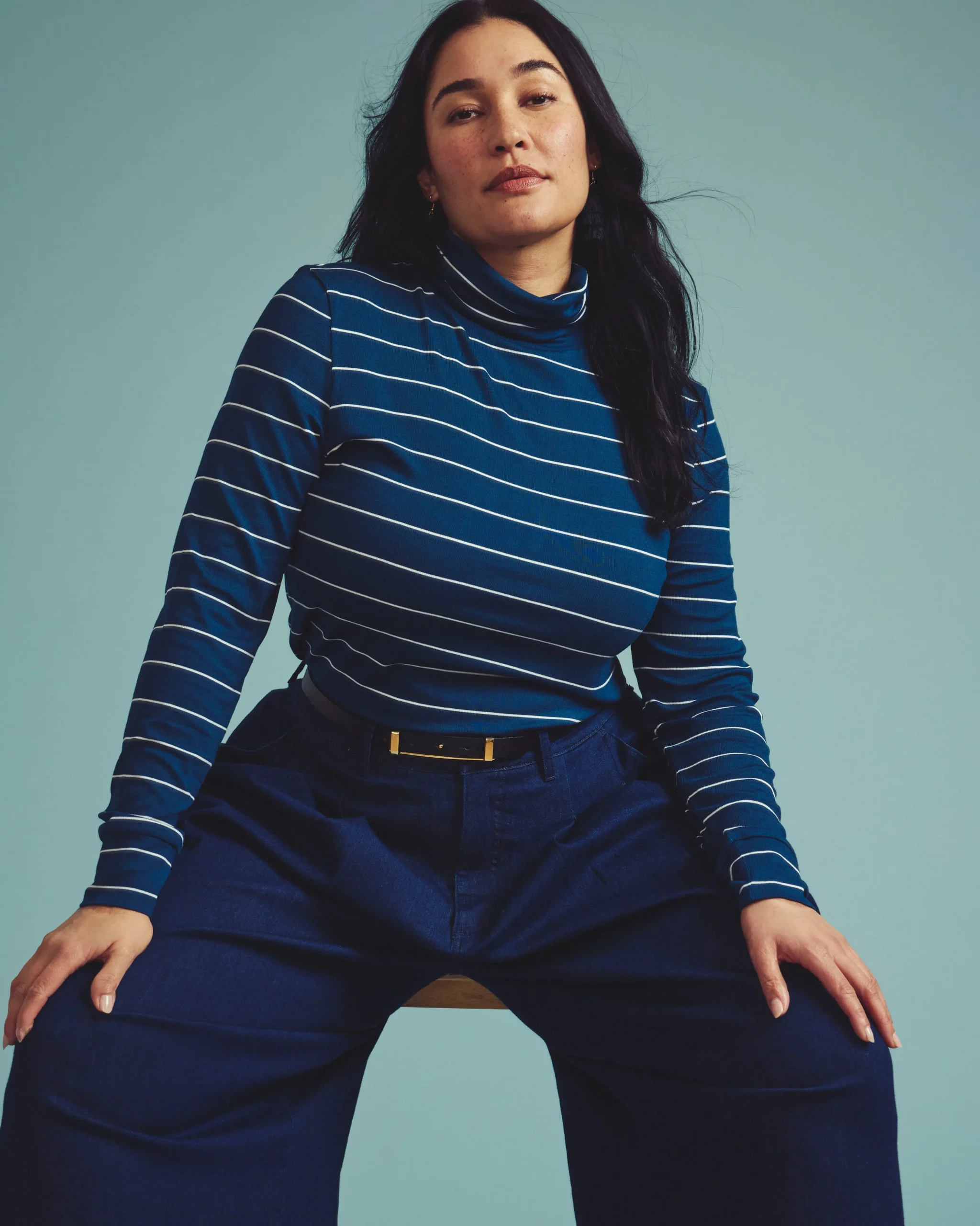 Cloud Rib Turtleneck Teal/White Microstripe