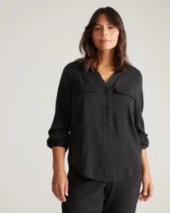 Cooling Stretch Cupro Button-Down Blouse Black