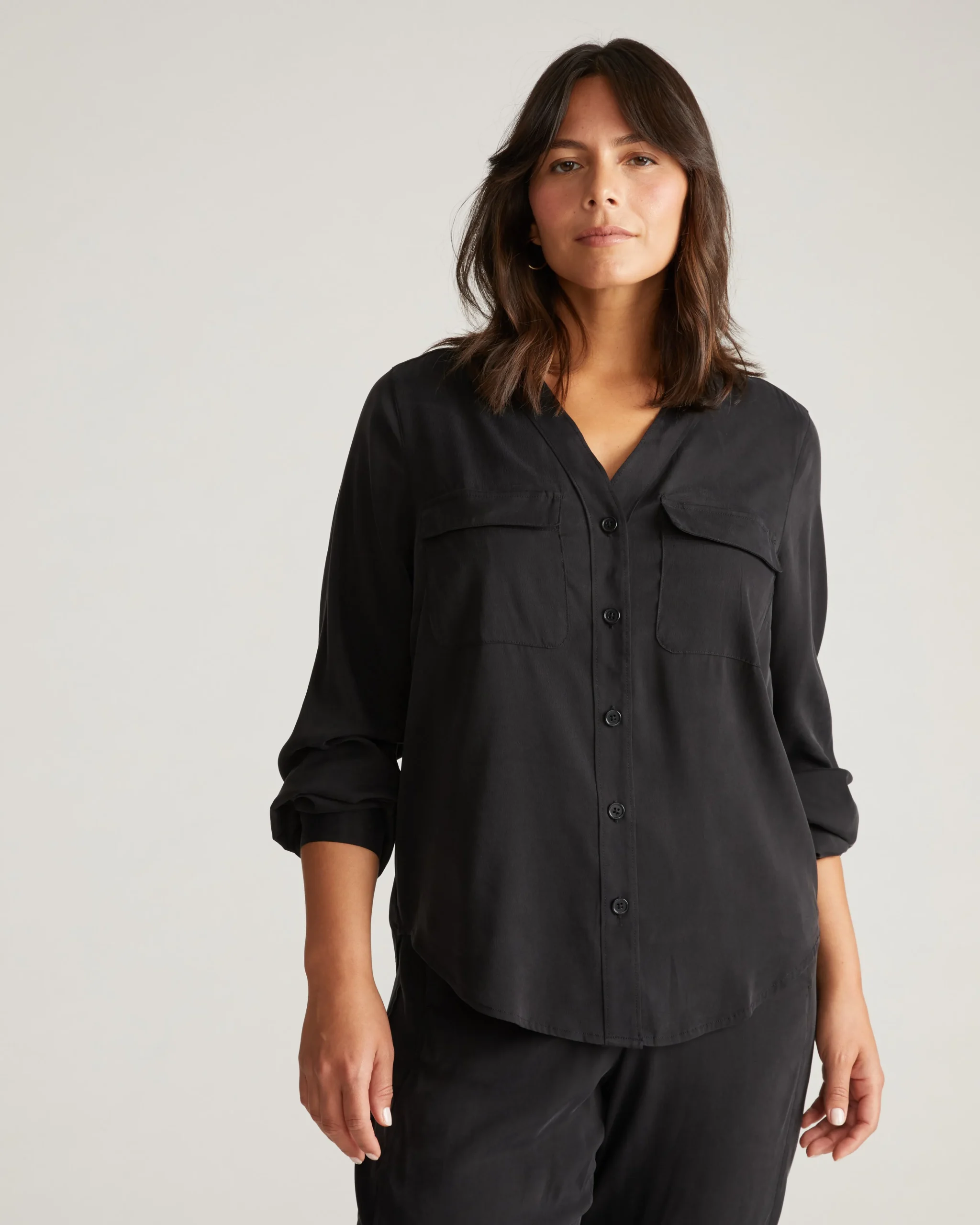 Cooling Stretch Cupro Button-Down Blouse Black