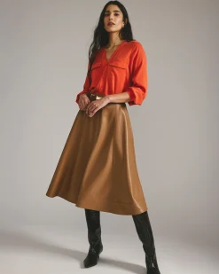 Cooling Stretch Cupro Button-Down Blouse Orange Flame