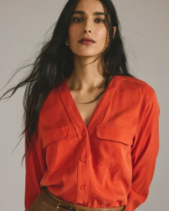 Cooling Stretch Cupro Button-Down Blouse Orange Flame