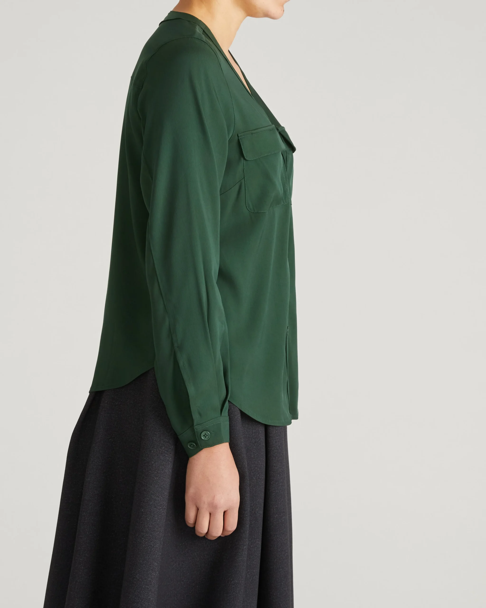 Cooling Stretch Cupro Button-Down Blouse Forest Green