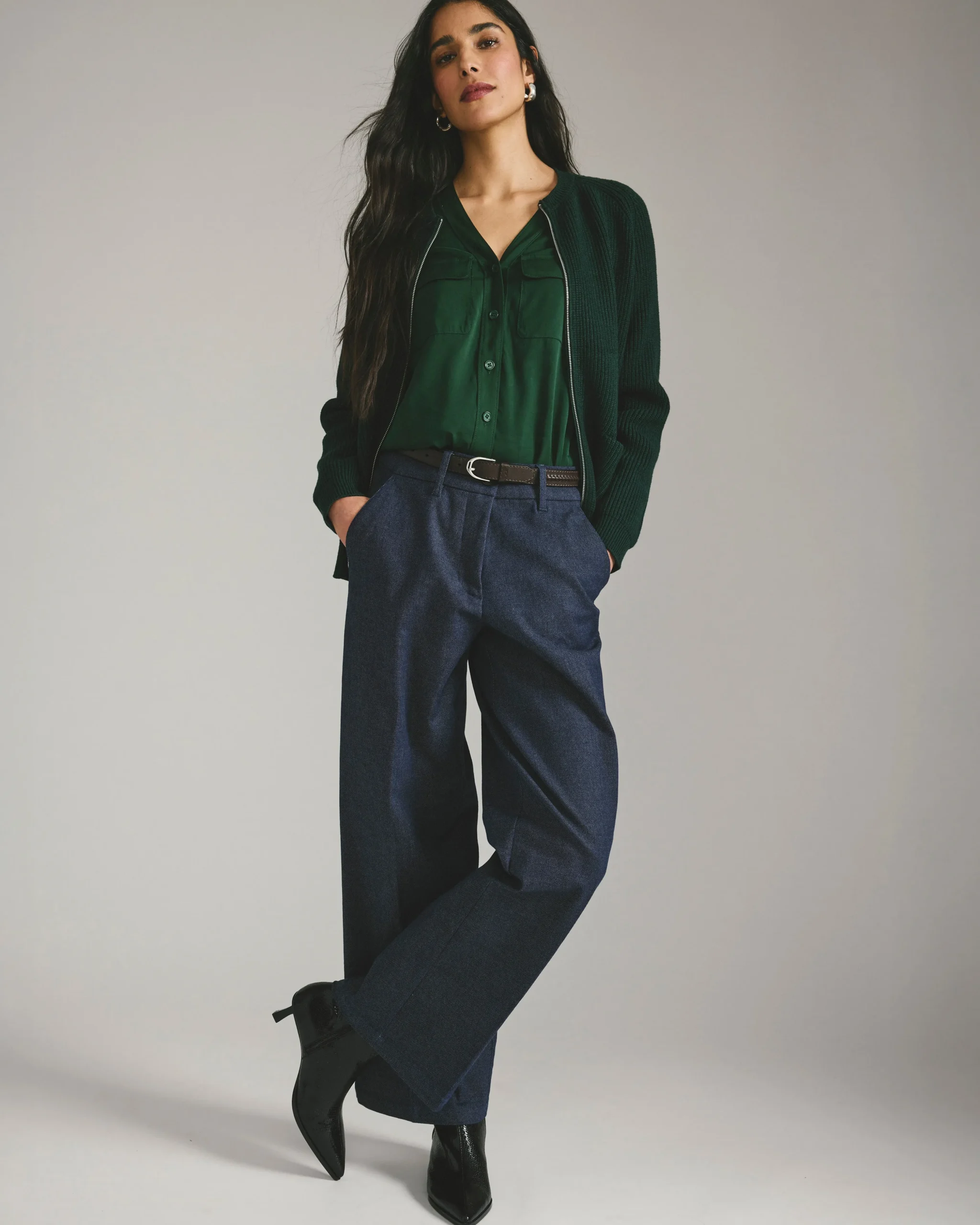 Cooling Stretch Cupro Button-Down Blouse Forest Green