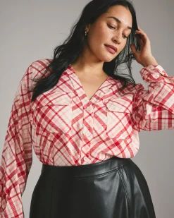 Cooling Stretch Cupro Button-Down Blouse Red Plaid Print