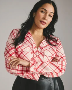 Cooling Stretch Cupro Button-Down Blouse Red Plaid Print