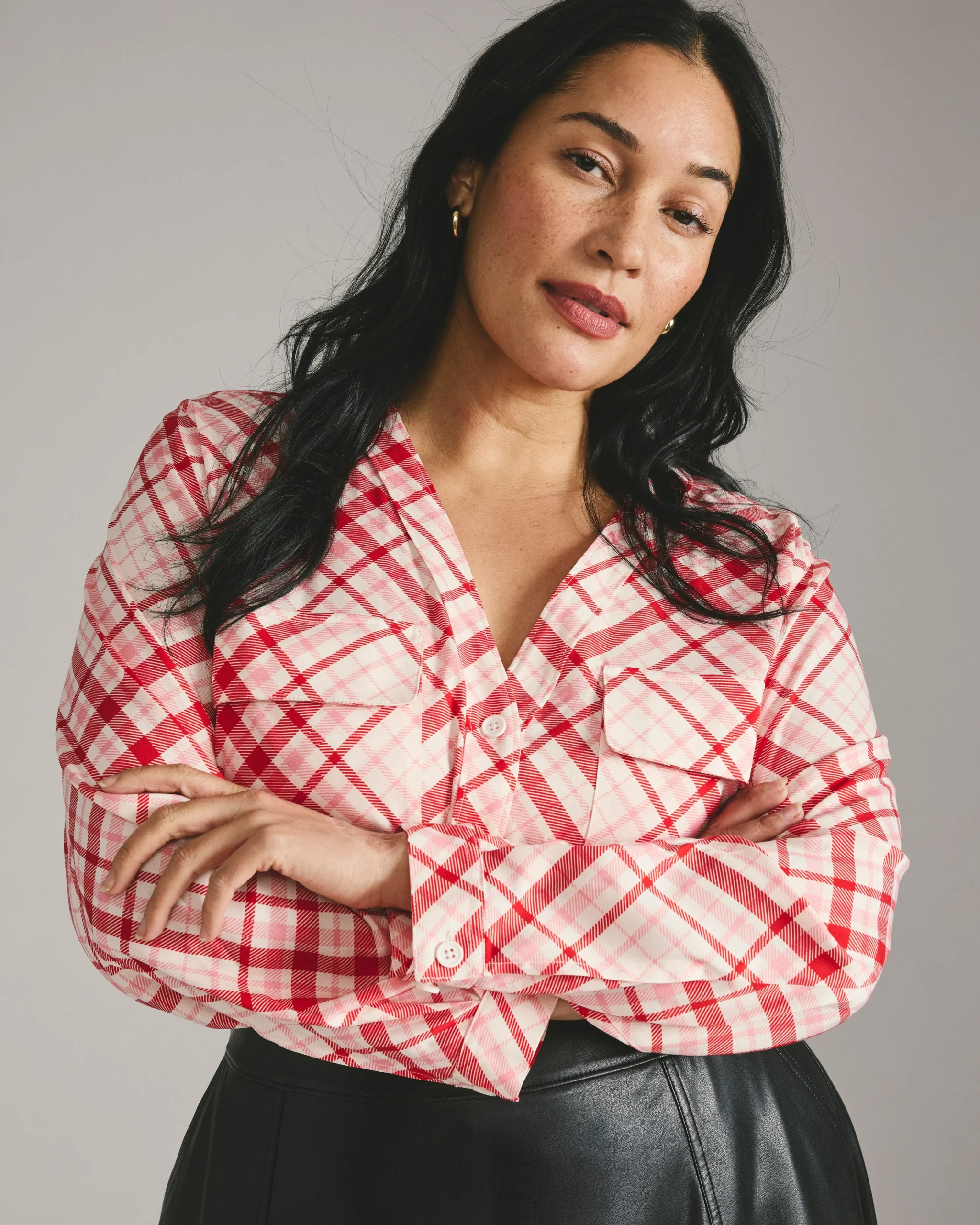 Cooling Stretch Cupro Button-Down Blouse Red Plaid Print