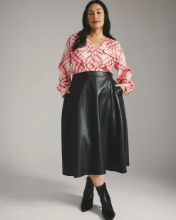Cooling Stretch Cupro Button-Down Blouse Red Plaid Print