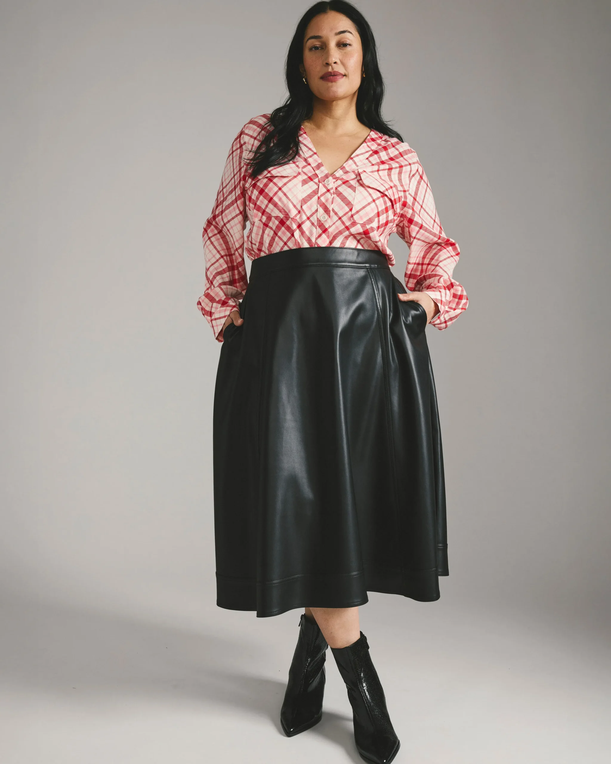 Cooling Stretch Cupro Button-Down Blouse Red Plaid Print