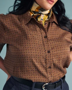 Cooling Stretch Cupro Oversized Artist Shirt Brown Hacienda Print