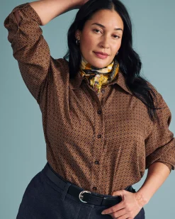 Cooling Stretch Cupro Oversized Artist Shirt Brown Hacienda Print