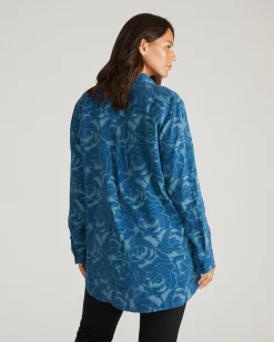 Cooling Stretch Cupro Oversized Artist Shirt Rose Print in Deep Teal