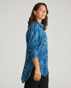 Cooling Stretch Cupro Oversized Artist Shirt Rose Print in Deep Teal
