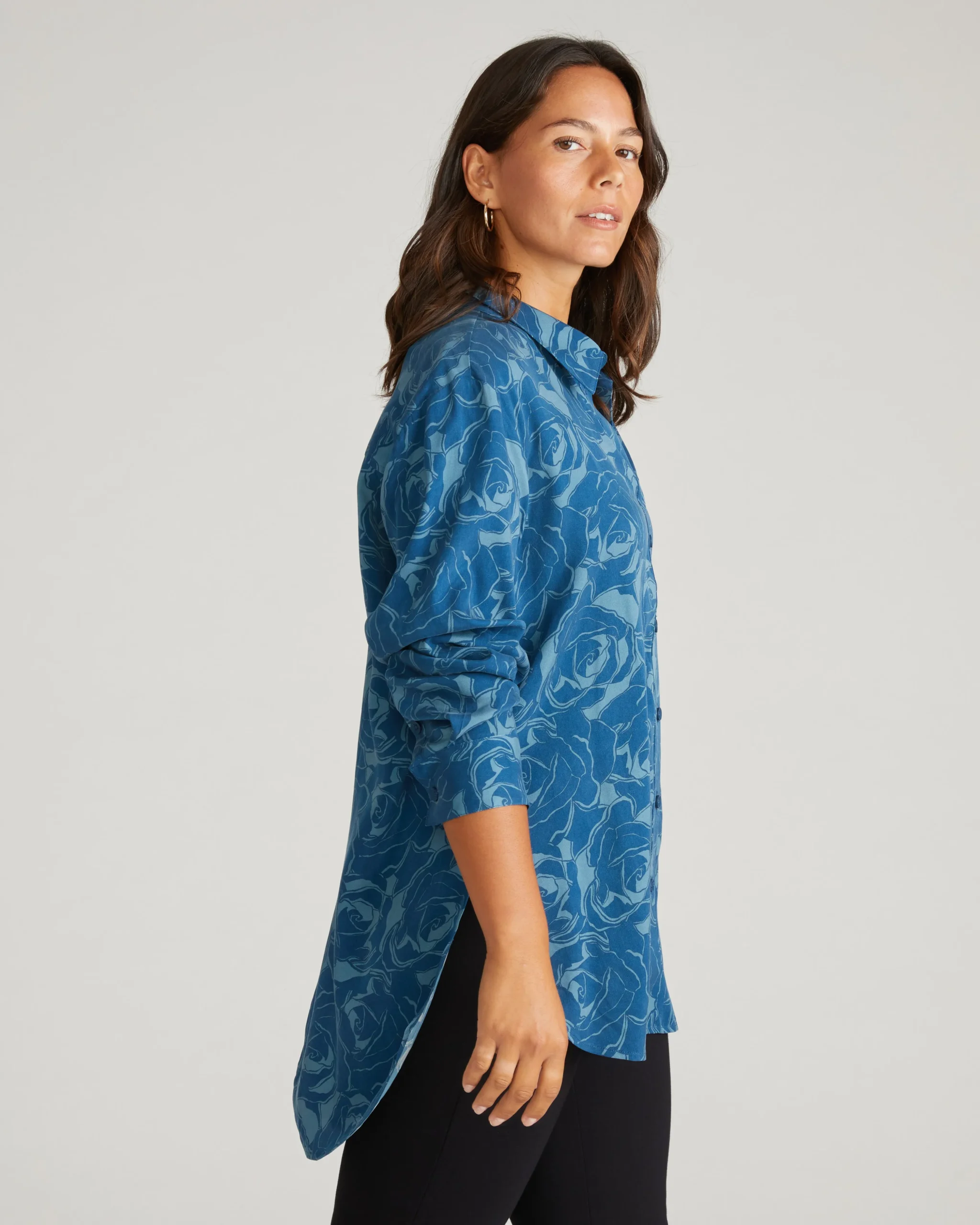 Cooling Stretch Cupro Oversized Artist Shirt Rose Print in Deep Teal