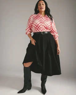 Cooling Stretch Cupro Oversized Artist Shirt Red Plaid Print