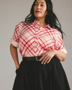 Cooling Stretch Cupro Oversized Artist Shirt Red Plaid Print