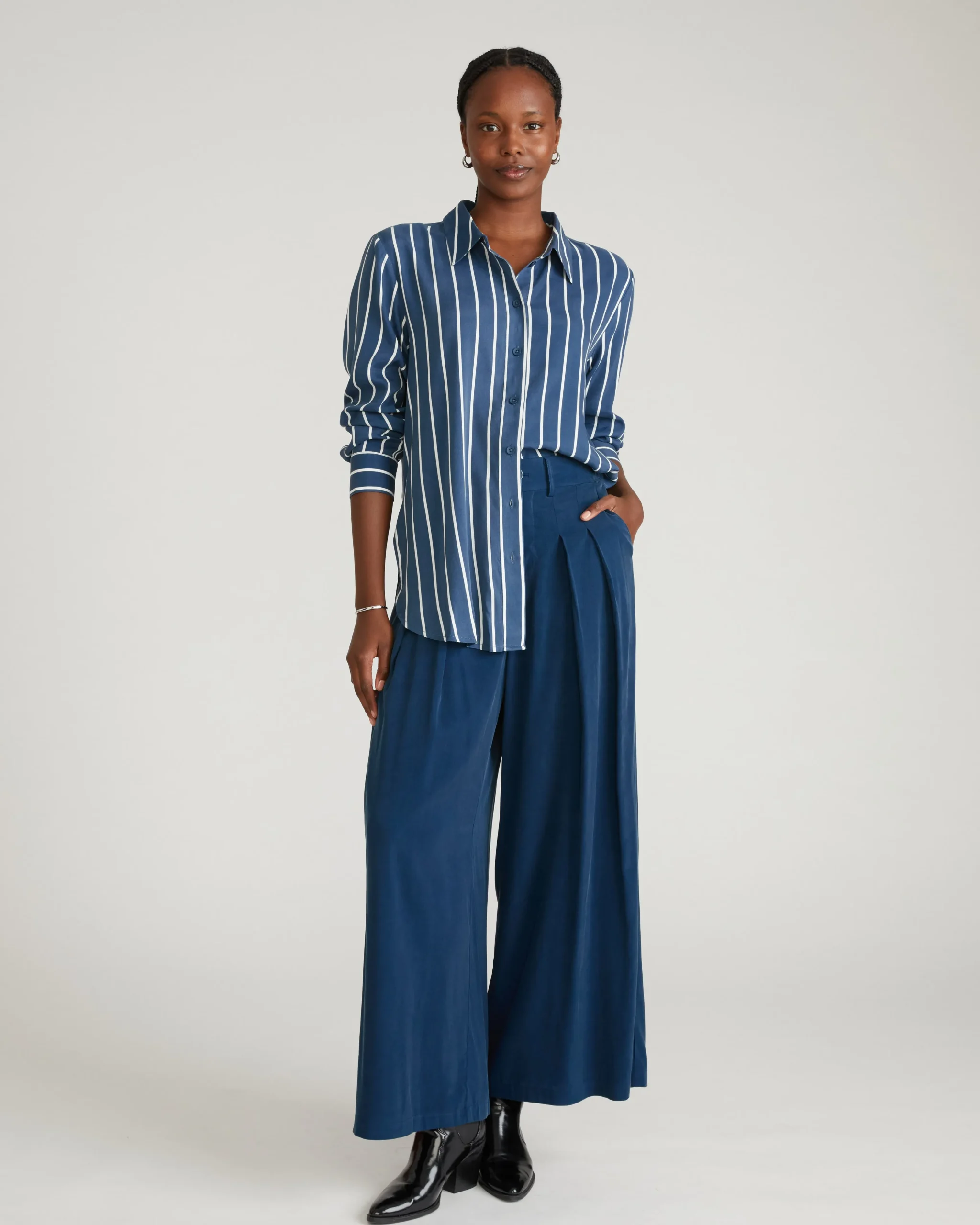 Cooling Stretch Cupro Oversized Artist Shirt Ensign Blue/White Stripe