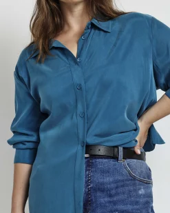 Cooling Stretch Cupro Oversized Artist Shirt Blue Beetle