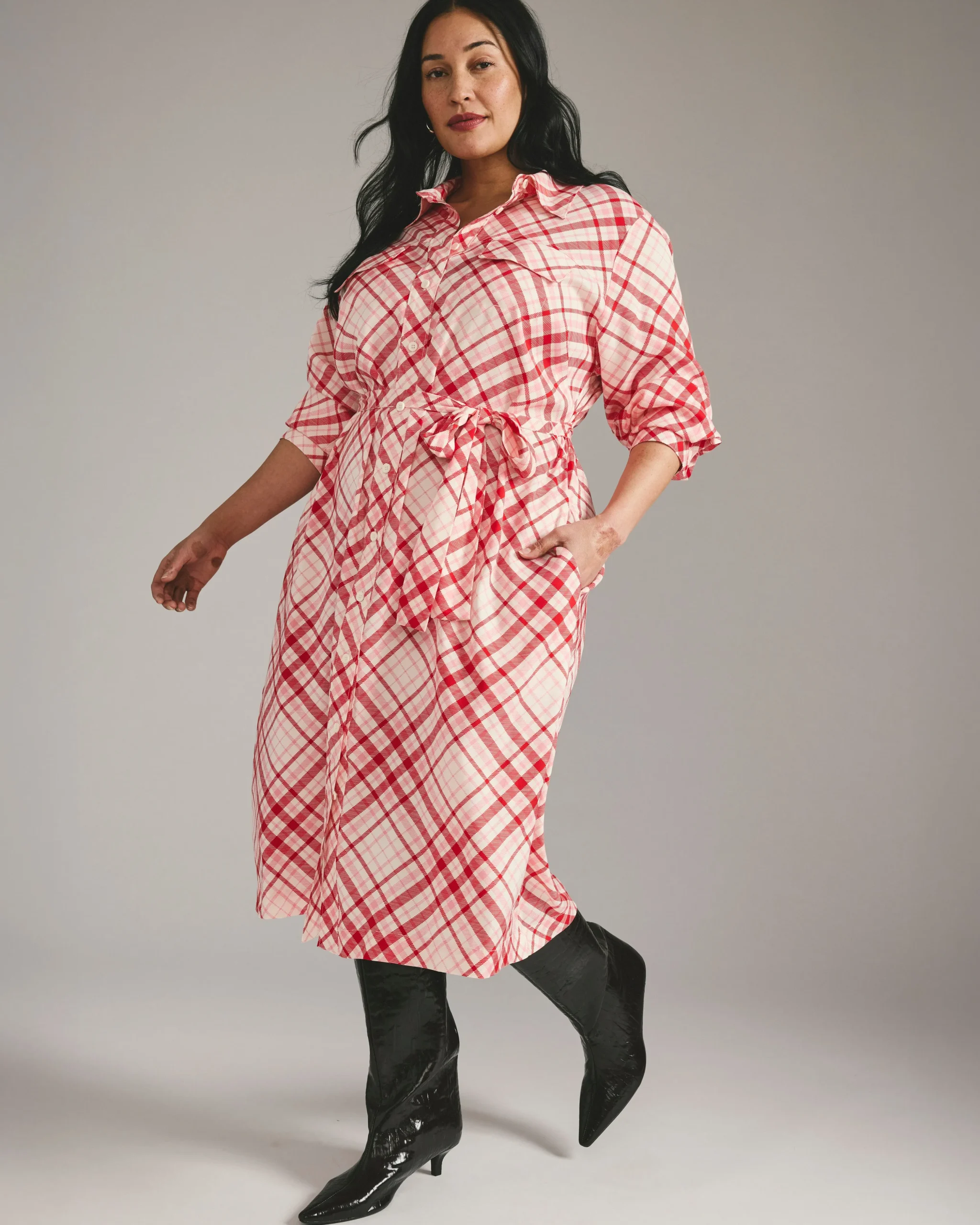 Cooling Stretch Cupro Savannah Dress Red Plaid Print