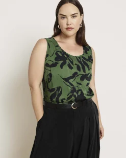 Cooling Stretch Cupro Tank Green Sgraffito Print