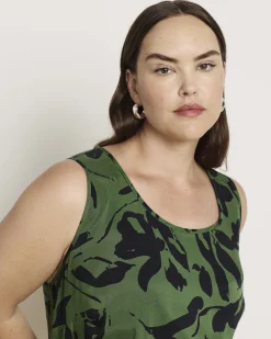 Cooling Stretch Cupro Tank Green Sgraffito Print