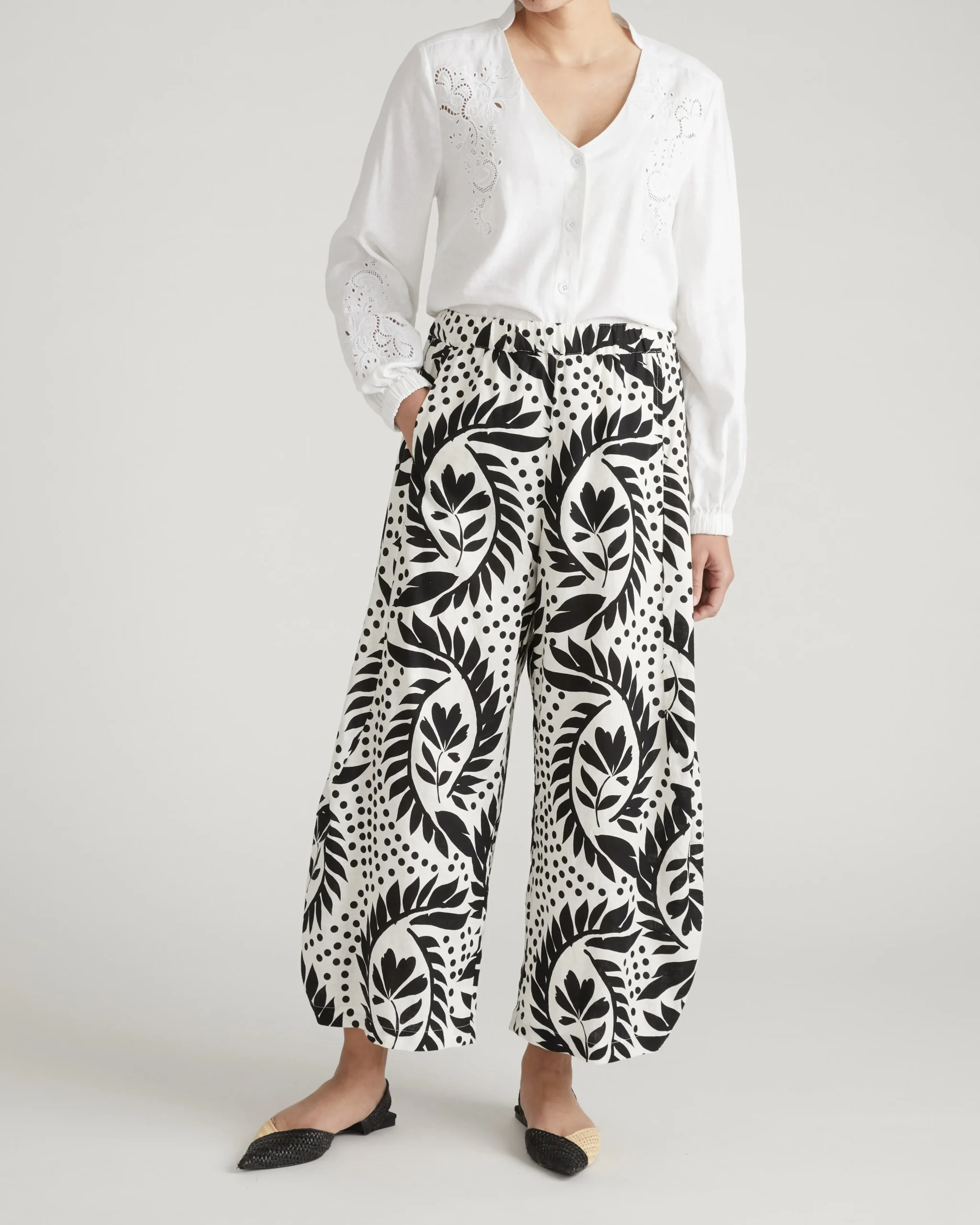 Cosma Barrel Leg Linen Blend Pants Vine Print