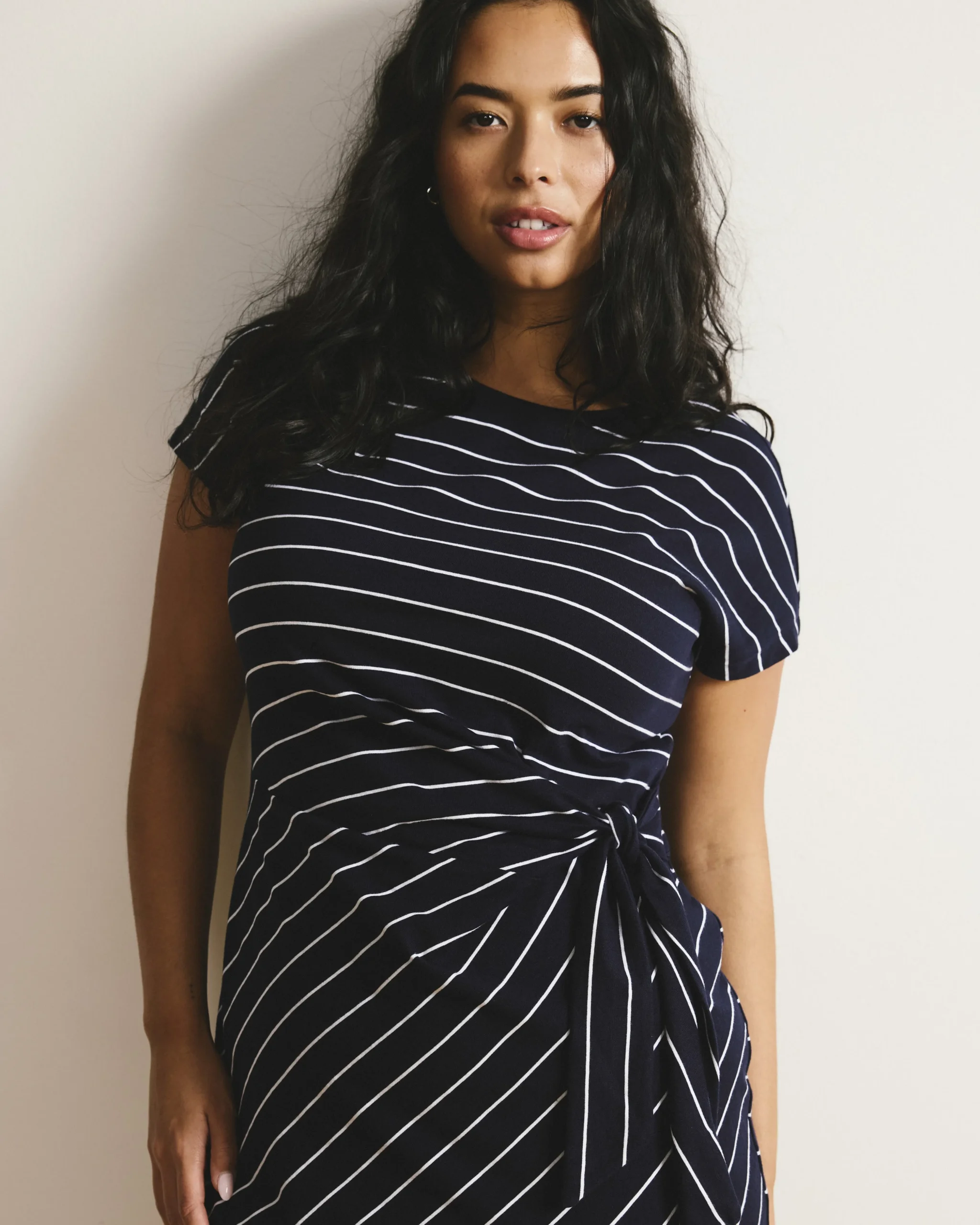 Crescent Breton Stripe Knot Dress Navy Pinstripe