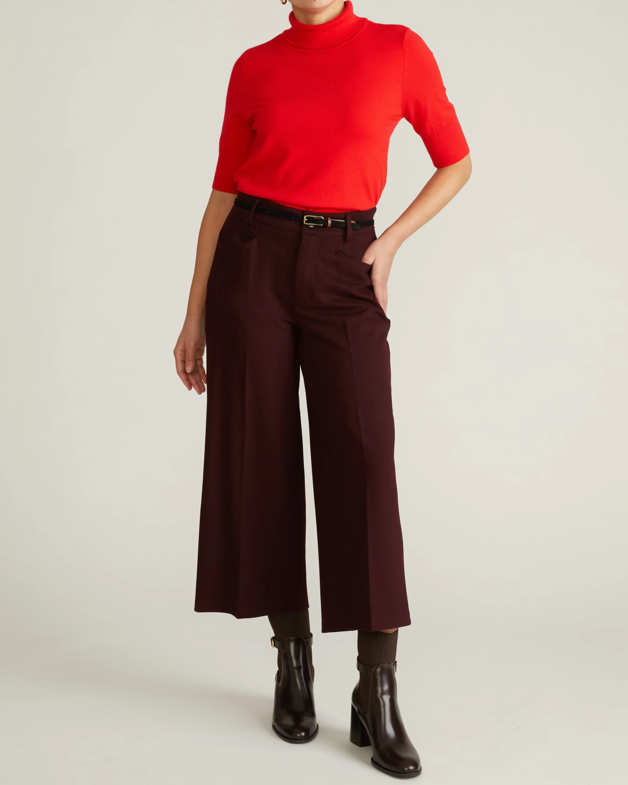 Cropped Wide Leg Ponte Pants Black Cherry