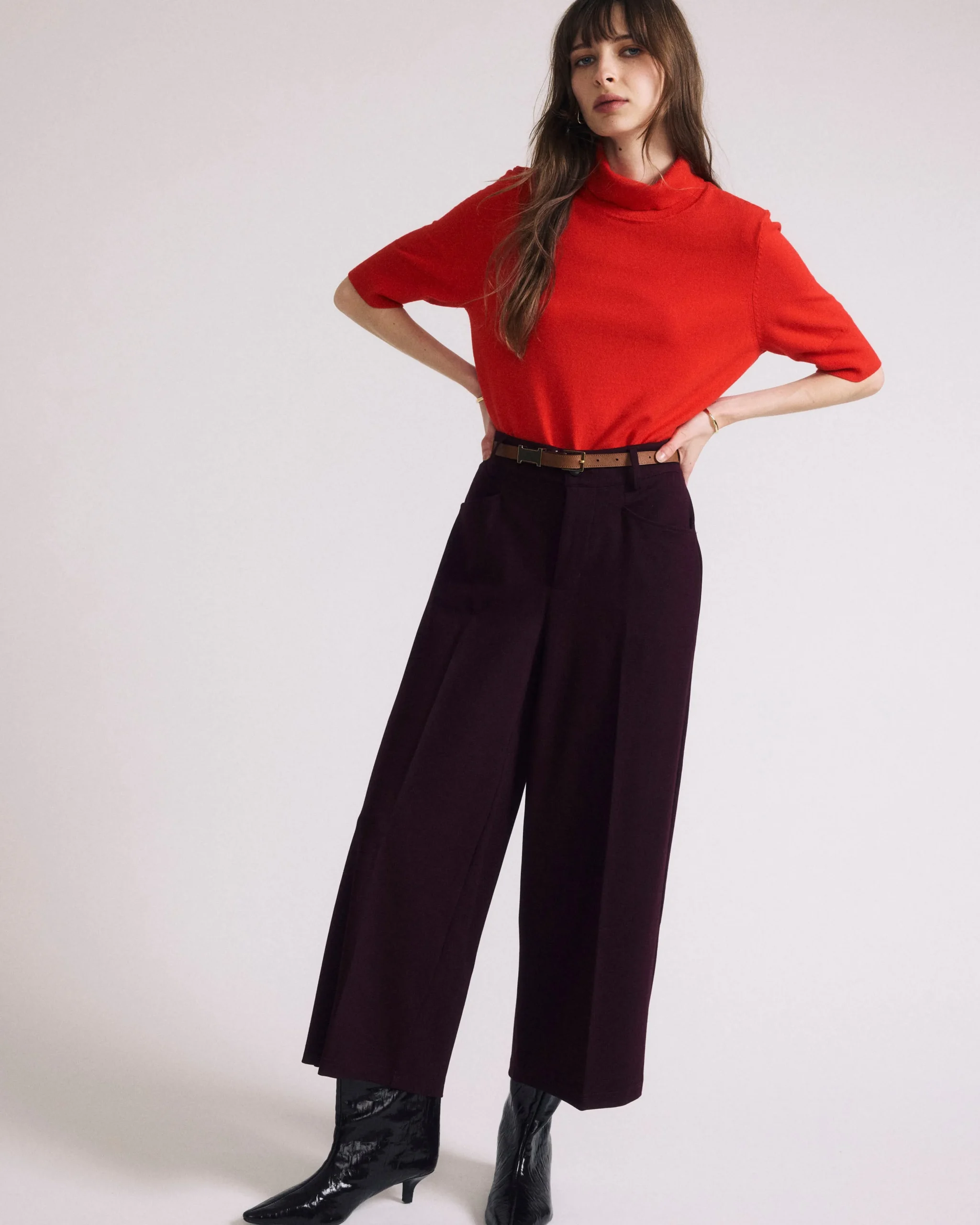 Cropped Wide Leg Ponte Pants Black Cherry