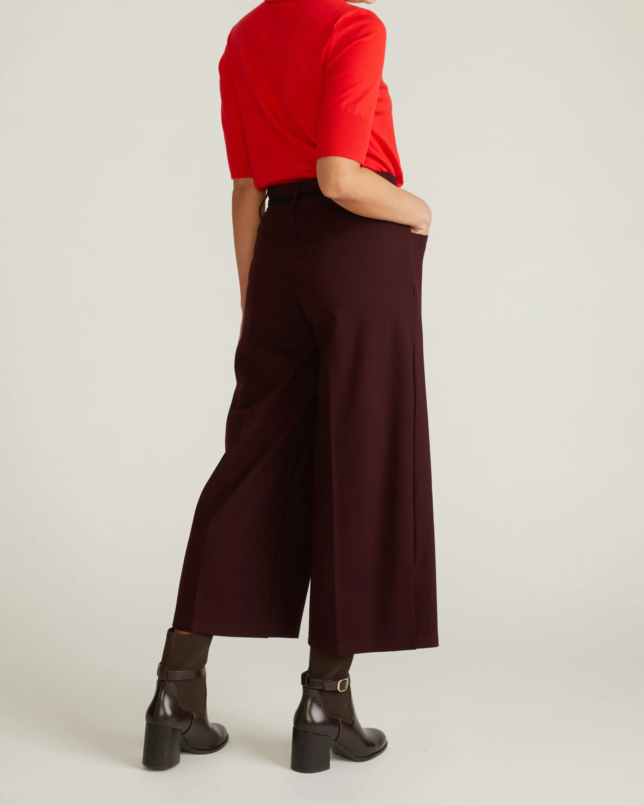Cropped Wide Leg Ponte Pants Black Cherry