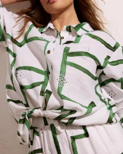 Dawn Linen Blend Hi Low Tunic Green Paint Print