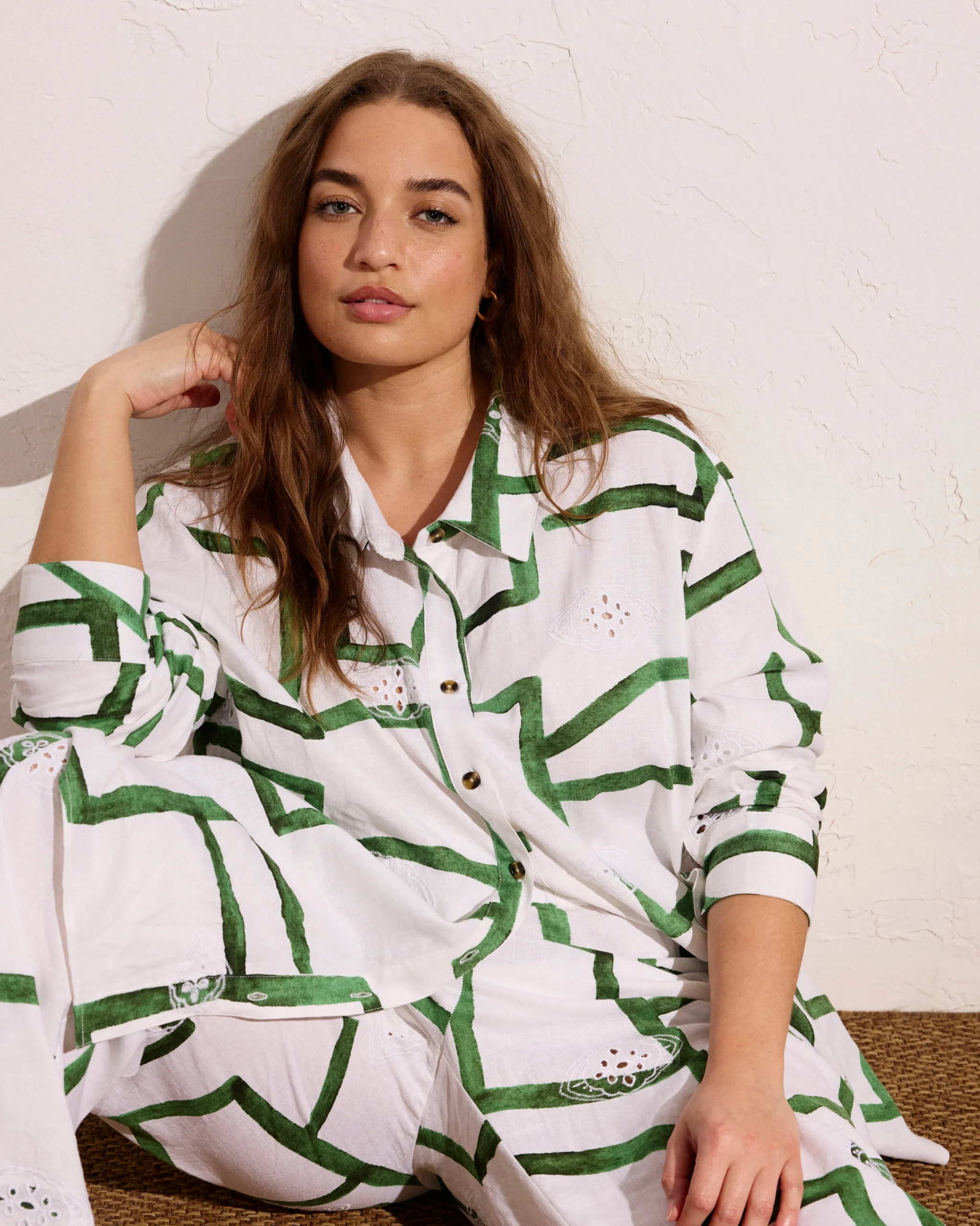 Dawn Linen Blend Hi Low Tunic Green Paint Print