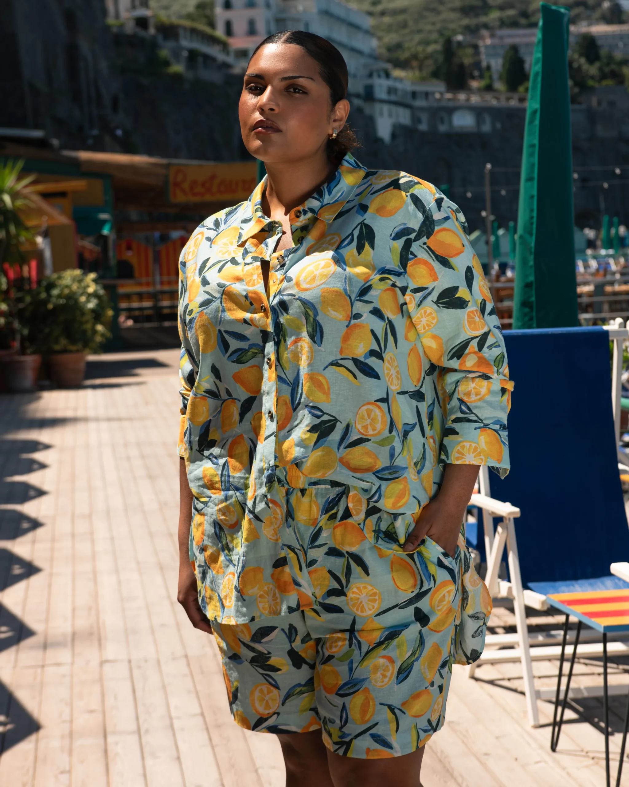 Dawn Linen Blend Hi Low Tunic Limoncello Print