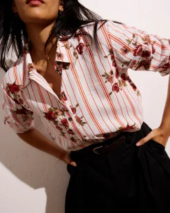 Dawn Linen Blend Hi Low Tunic Wild Flower Bouquet Print on Stripes