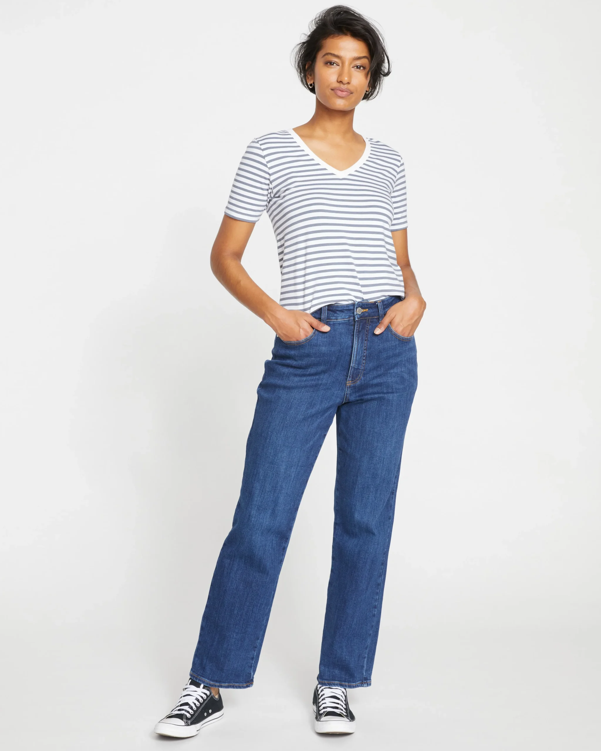 Donna High Rise Curve Straight Leg Jeans 32 Inch Stonewash Indigo