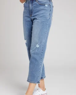Donna High Rise Curve Straight Leg Jeans 27 Inch Distressed Indigo