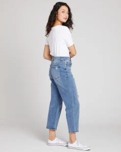 Donna High Rise Curve Straight Leg Jeans 27 Inch Distressed Indigo