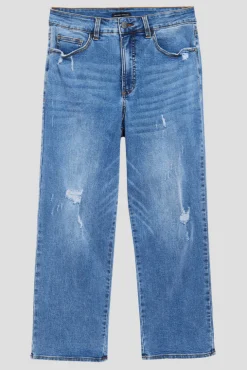 Donna High Rise Curve Straight Leg Jeans 27 Inch Distressed Indigo