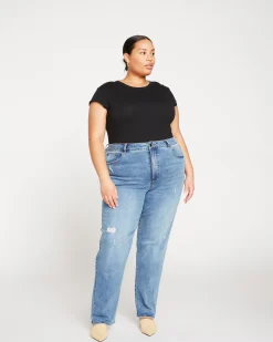 Donna High Rise Curve Straight Leg Jeans 32 Inch Distressed Indigo