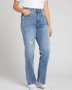 Donna High Rise Curve Straight Leg Jeans 32 Inch Distressed Indigo
