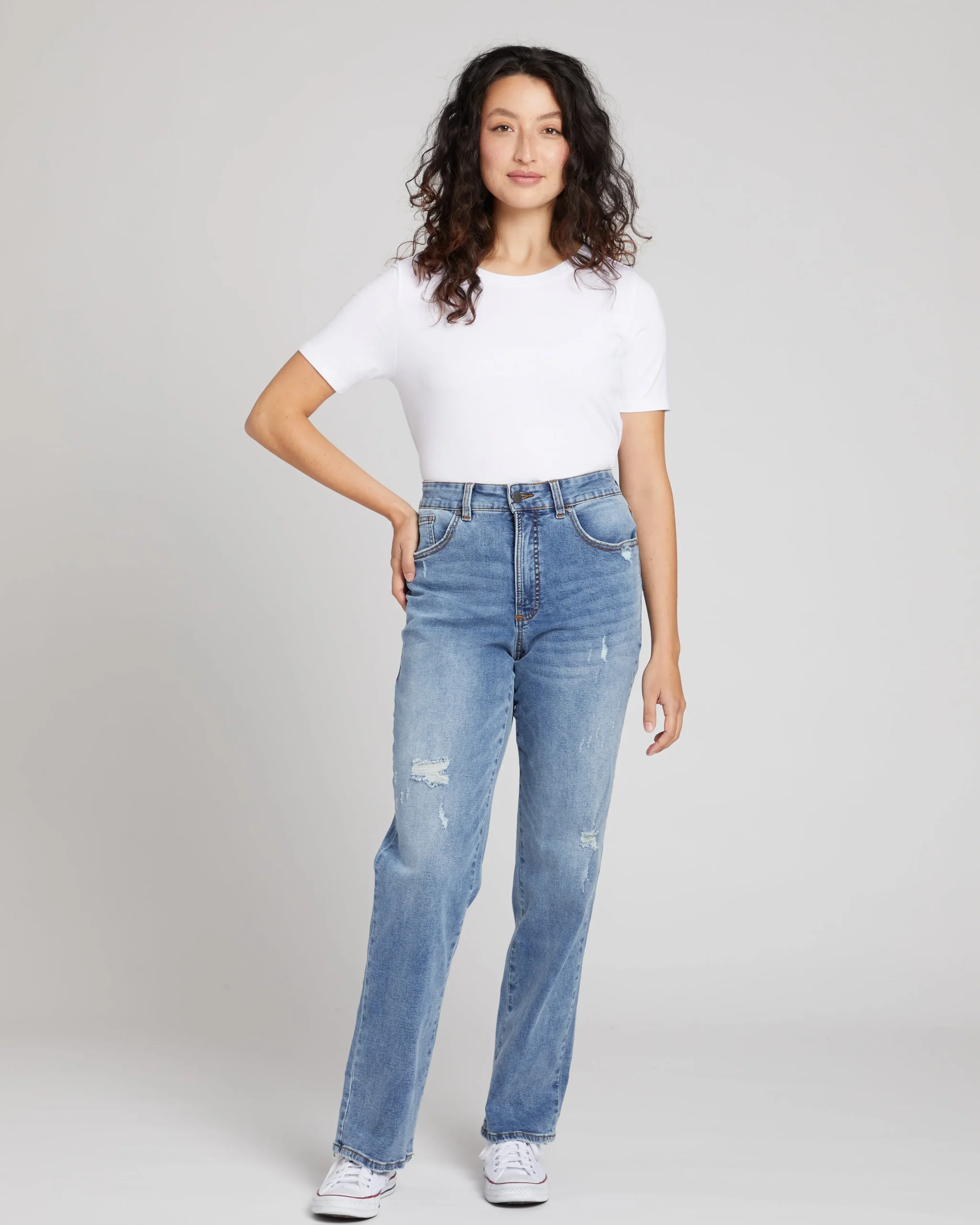 Donna High Rise Curve Straight Leg Jeans 32 Inch Distressed Indigo