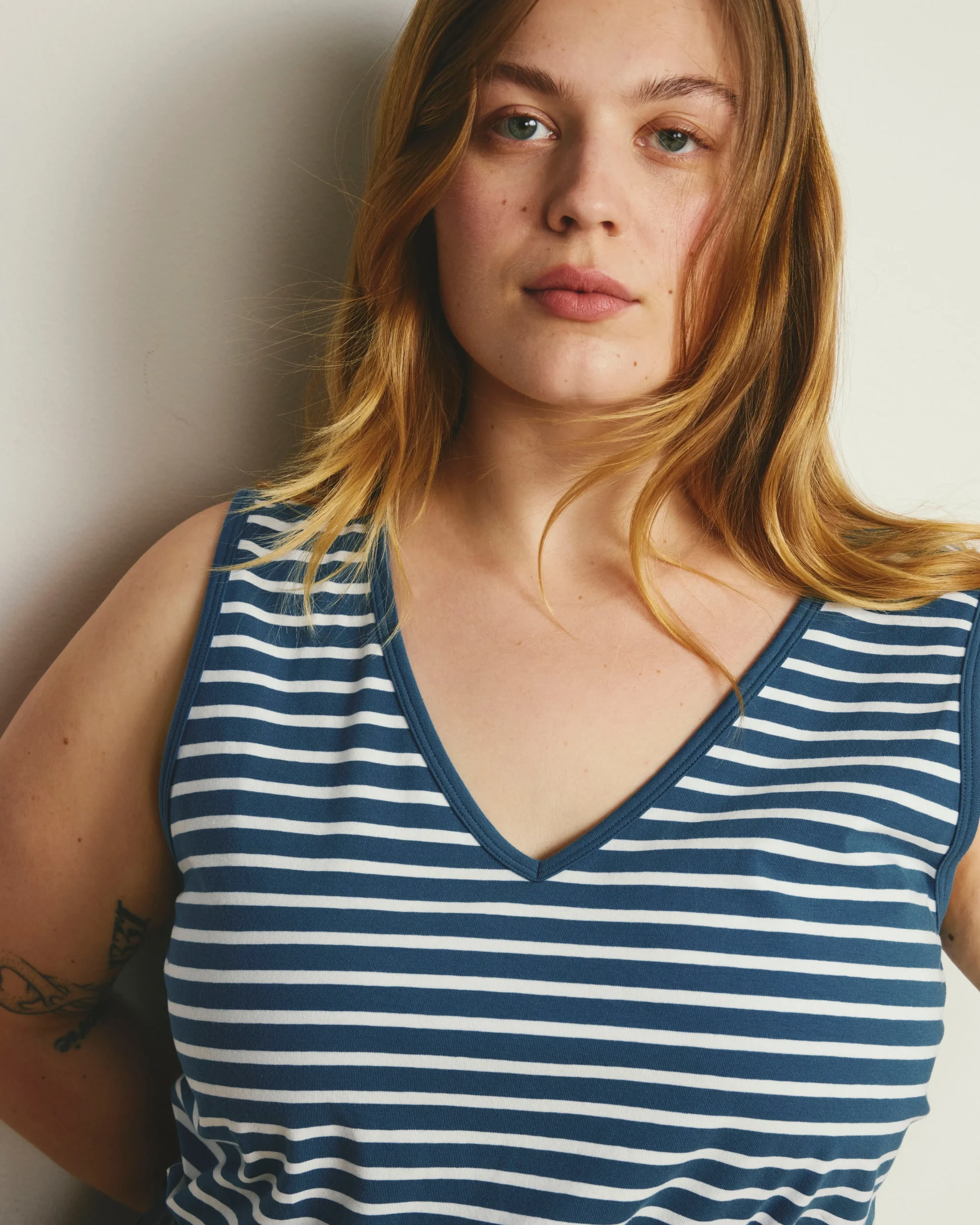 Double V Tank Ink Blue/White Stripe