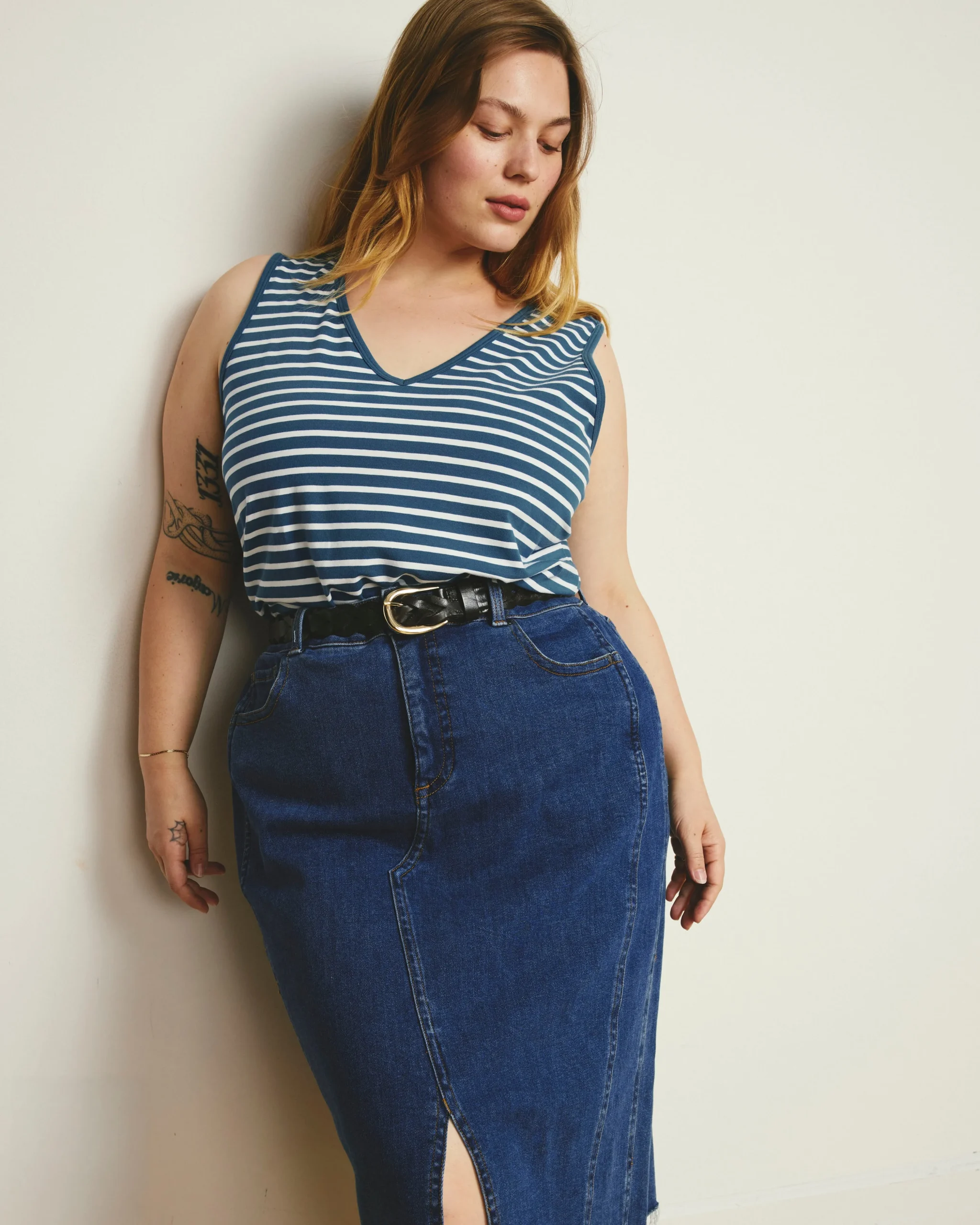 Double V Tank Ink Blue/White Stripe