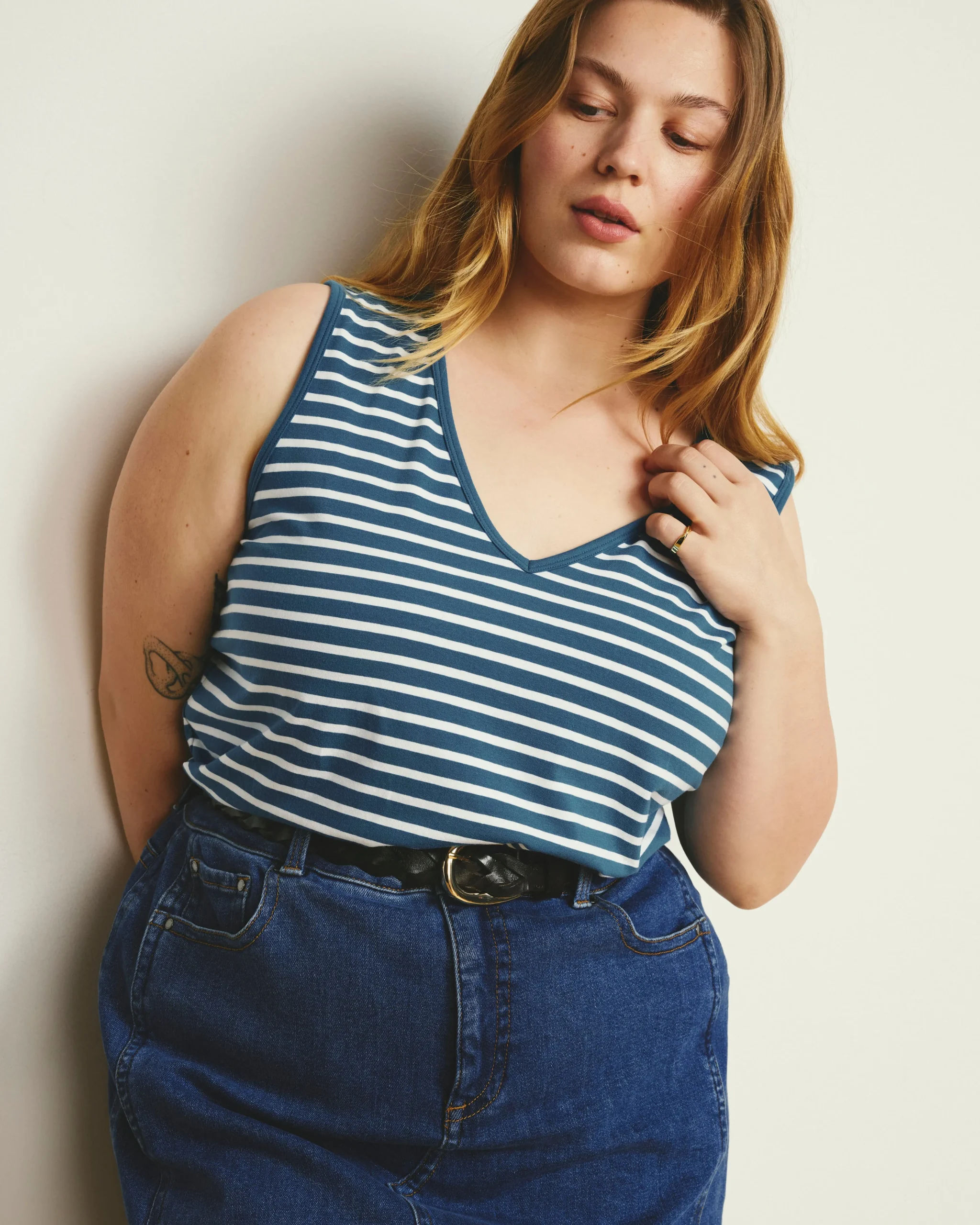 Double V Tank Ink Blue/White Stripe
