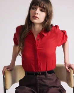 Elbe Popover Stretch Linen Blend Shirt Brilliant Red