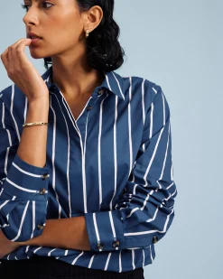 Elbe Popover Stretch Poplin Shirt Classic Fit Ensign Blue/White Stripe